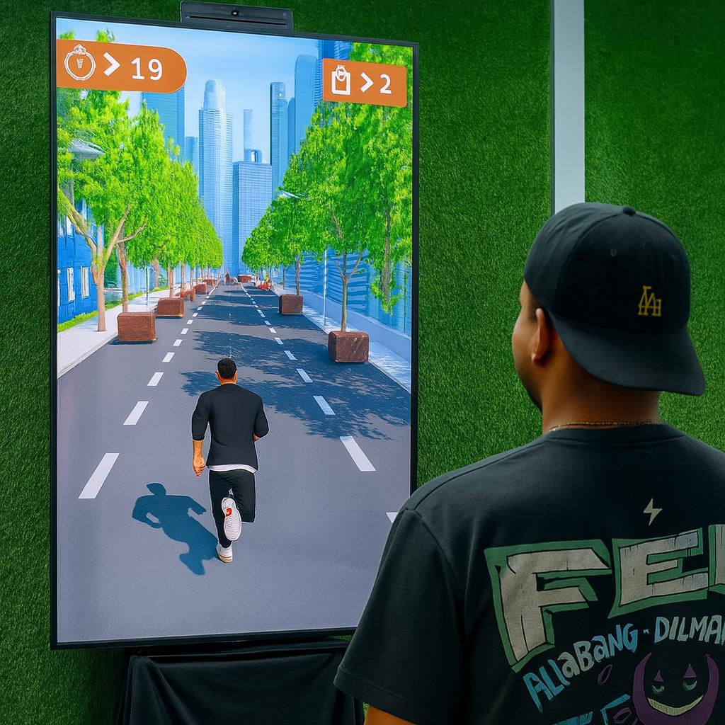 Player enjoying a motion runner game in Dubai, using full-body movement to jump and dodge obstacles. Interactive game rental